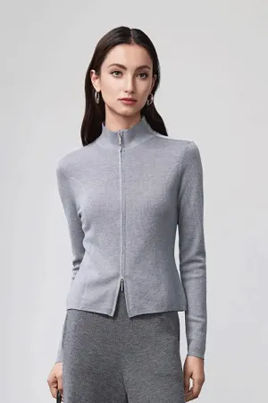 100 Merino Wool Double Zipper Stand Collar Cardigan