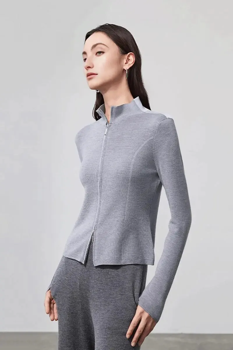 100 Merino Wool Double Zipper Stand Collar Cardigan