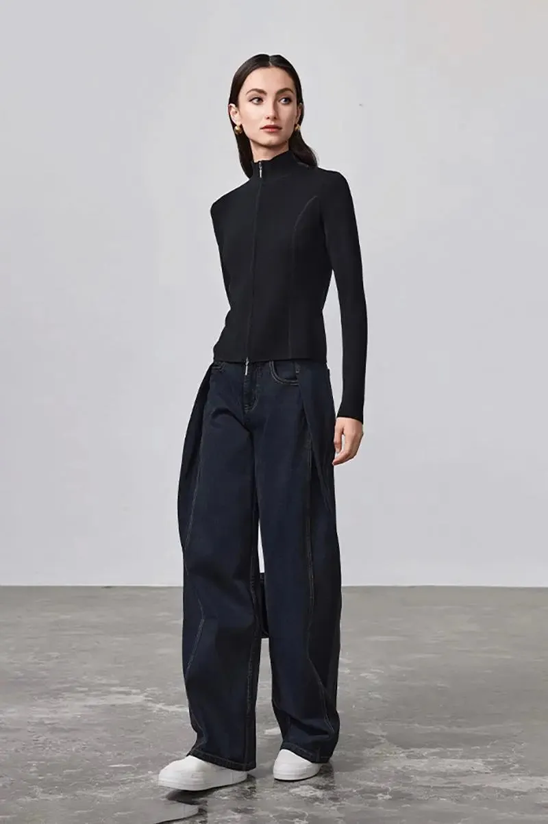 100 Merino Wool Double Zipper Stand Collar Cardigan