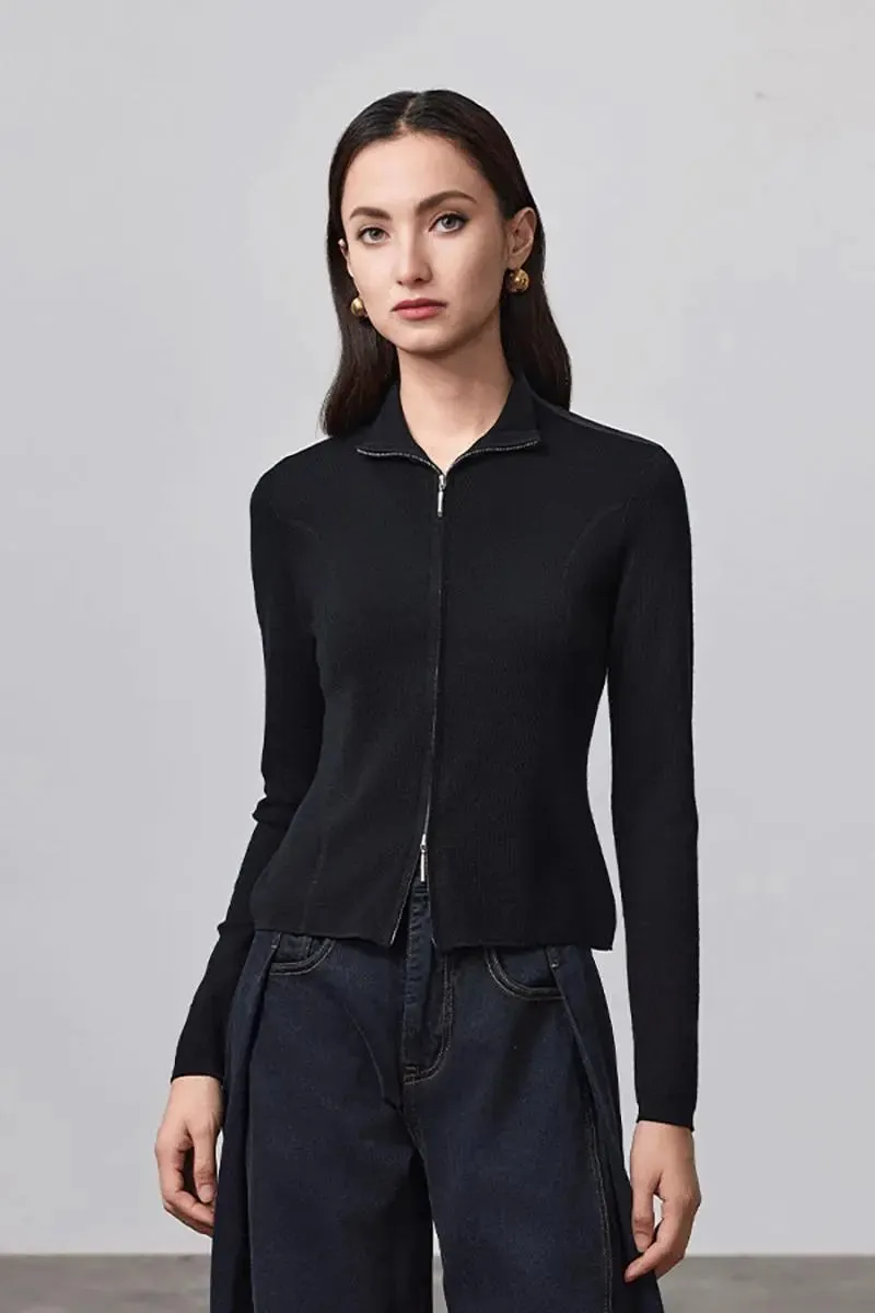 100 Merino Wool Double Zipper Stand Collar Cardigan