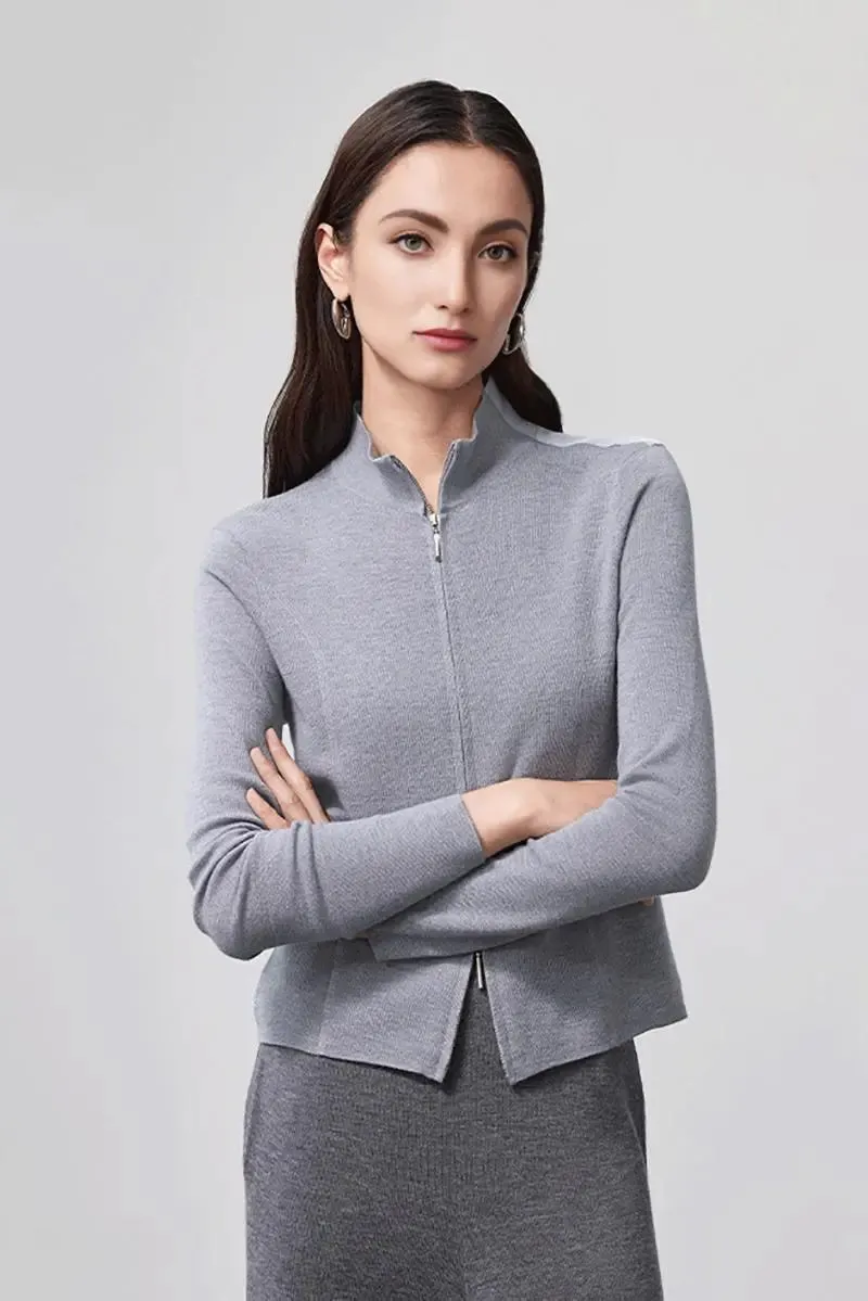 100 Merino Wool Double Zipper Stand Collar Cardigan