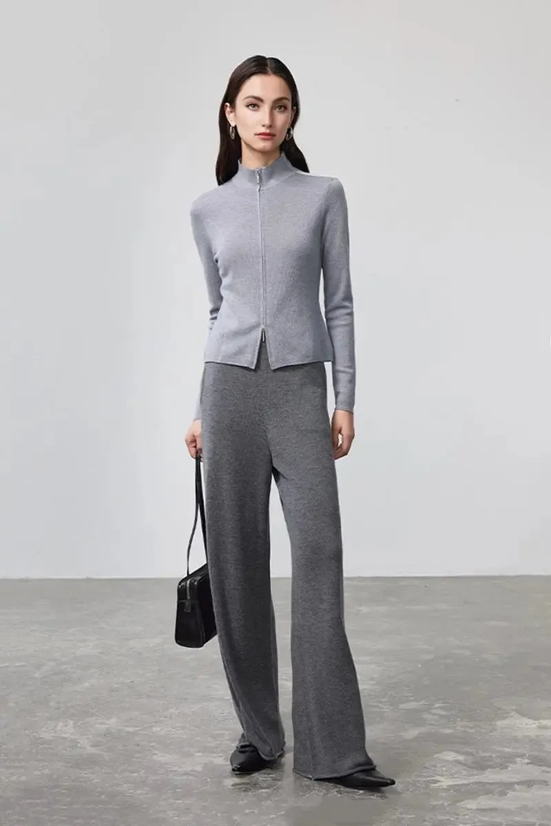 100 Merino Wool Double Zipper Stand Collar Cardigan