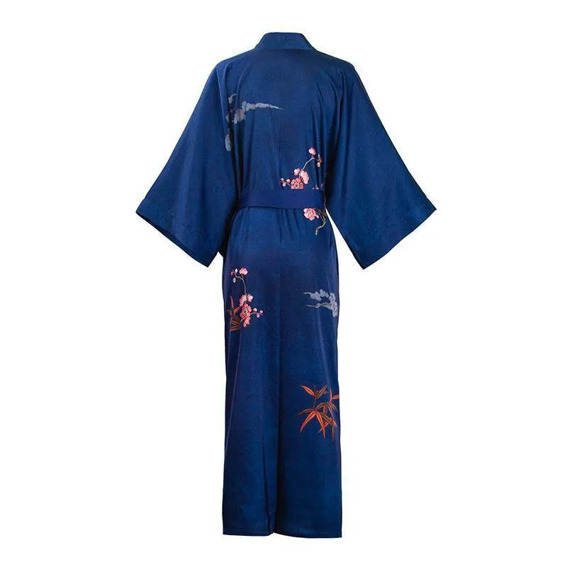 100% Mulberry Silk Kimono Robe Blue Floral Printed Luxury Silk Robe