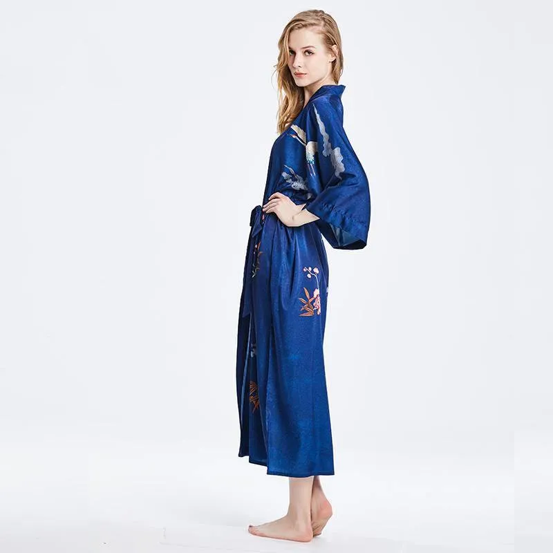 100% Mulberry Silk Kimono Robe Blue Floral Printed Luxury Silk Robe
