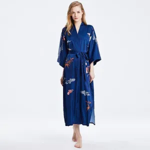 100% Mulberry Silk Kimono Robe Blue Floral Printed Luxury Silk Robe