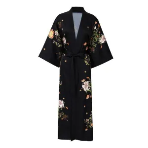 100% Mulberry Silk Kimono Robe Floral Printed Long Silk Robe