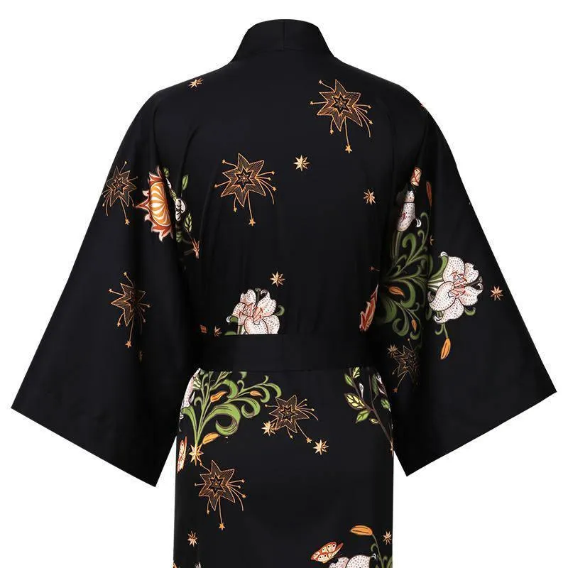 100% Mulberry Silk Kimono Robe Floral Printed Long Silk Robe