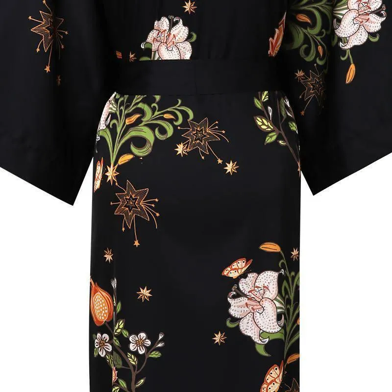100% Mulberry Silk Kimono Robe Floral Printed Long Silk Robe