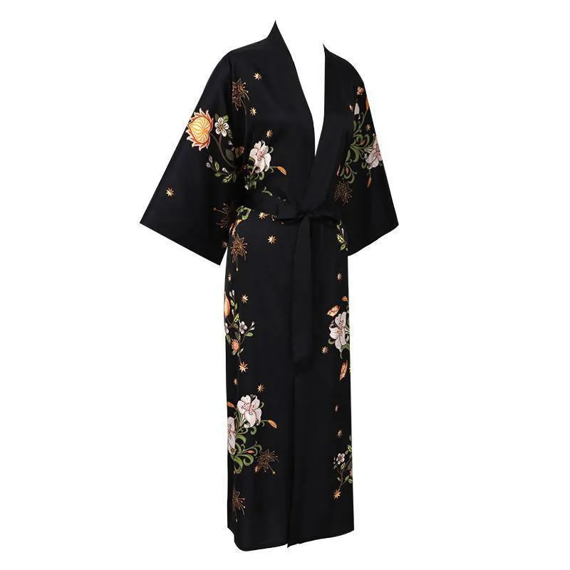 100% Mulberry Silk Kimono Robe Floral Printed Long Silk Robe