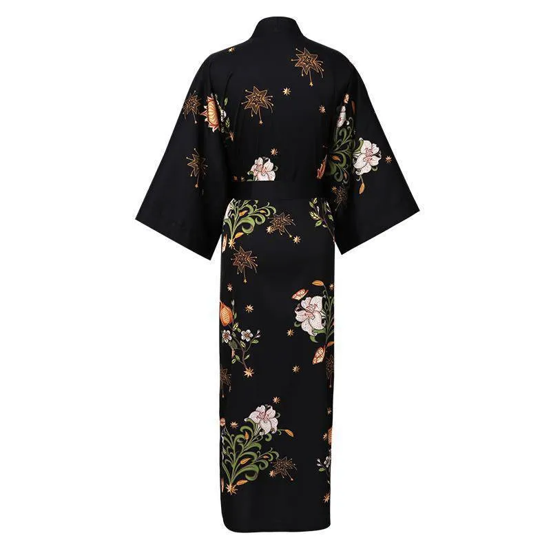100% Mulberry Silk Kimono Robe Floral Printed Long Silk Robe