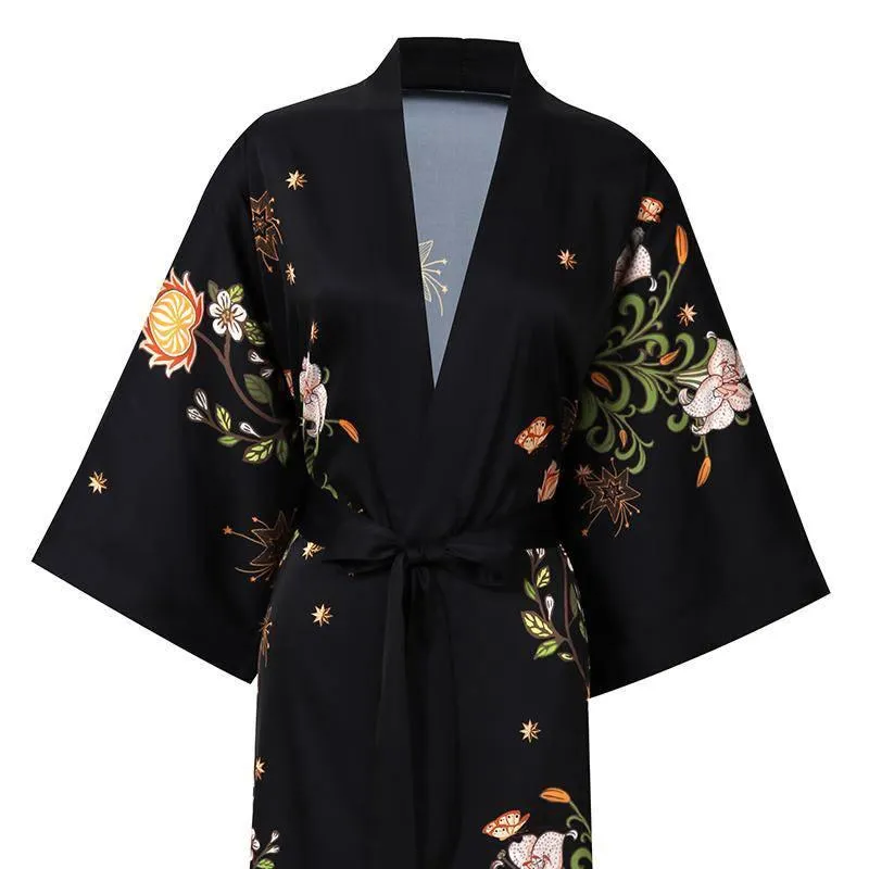 100% Mulberry Silk Kimono Robe Floral Printed Long Silk Robe