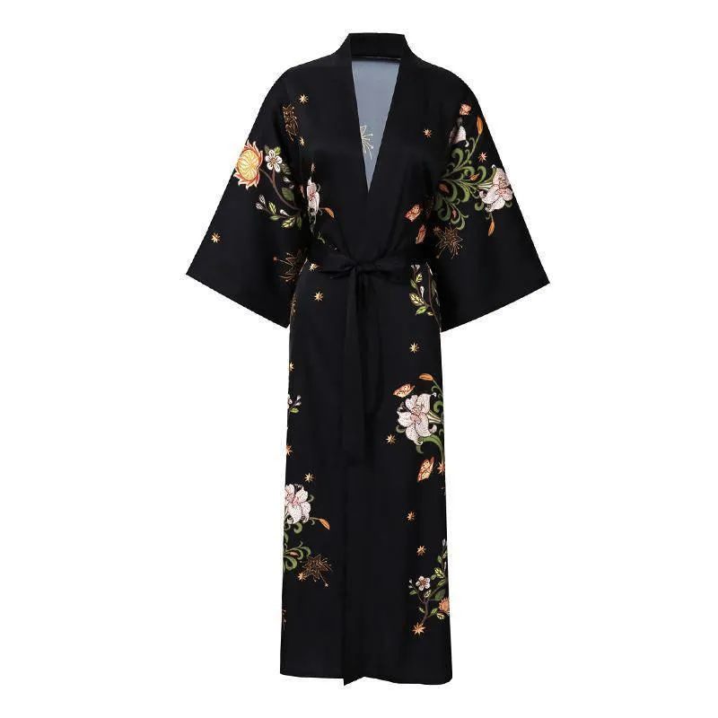 100% Mulberry Silk Kimono Robe Floral Printed Long Silk Robe