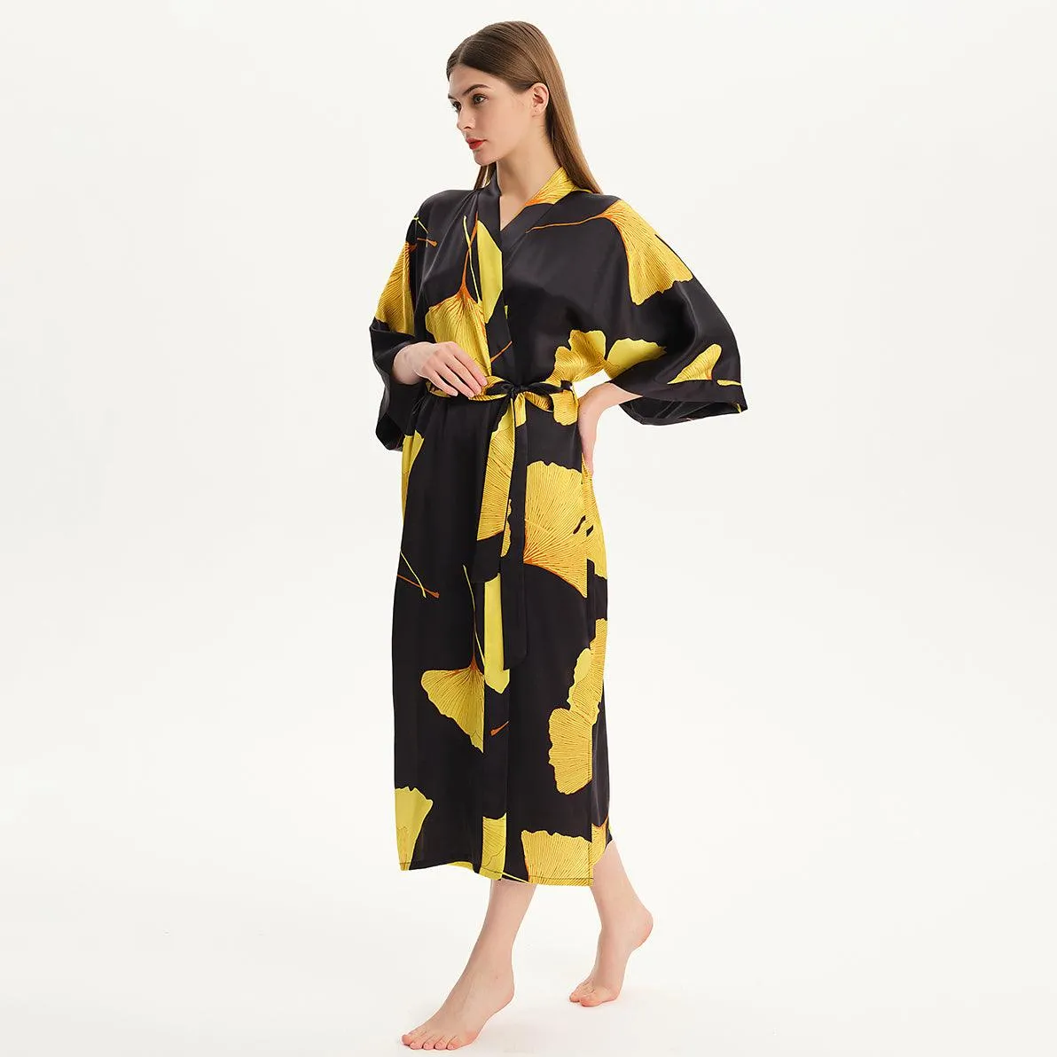 100% Mulberry Silk Kimono Robe Gold Ginkgo Leaf Silk Robe Long Sleeves Bathrobe