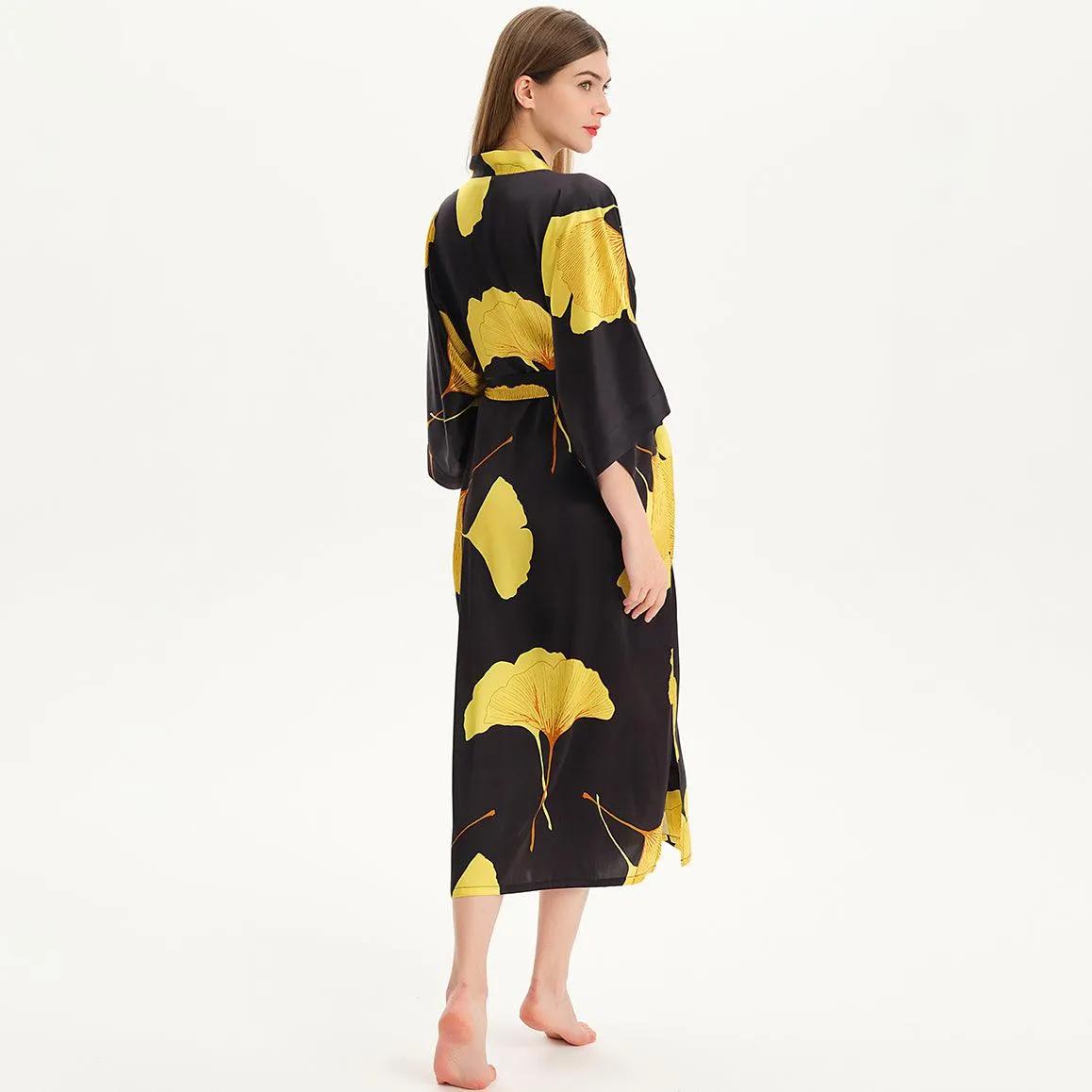 100% Mulberry Silk Kimono Robe Gold Ginkgo Leaf Silk Robe Long Sleeves Bathrobe