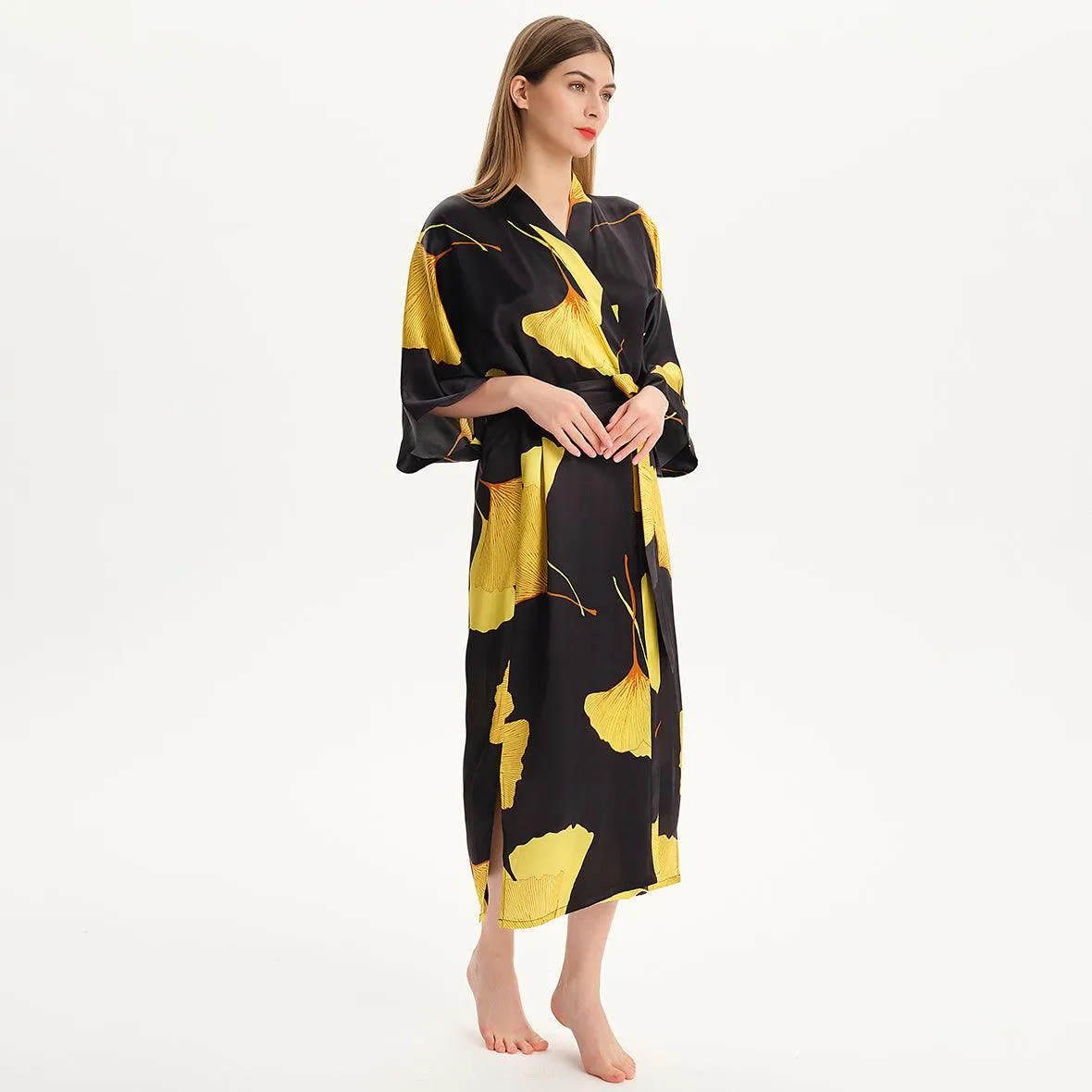 100% Mulberry Silk Kimono Robe Gold Ginkgo Leaf Silk Robe Long Sleeves Bathrobe