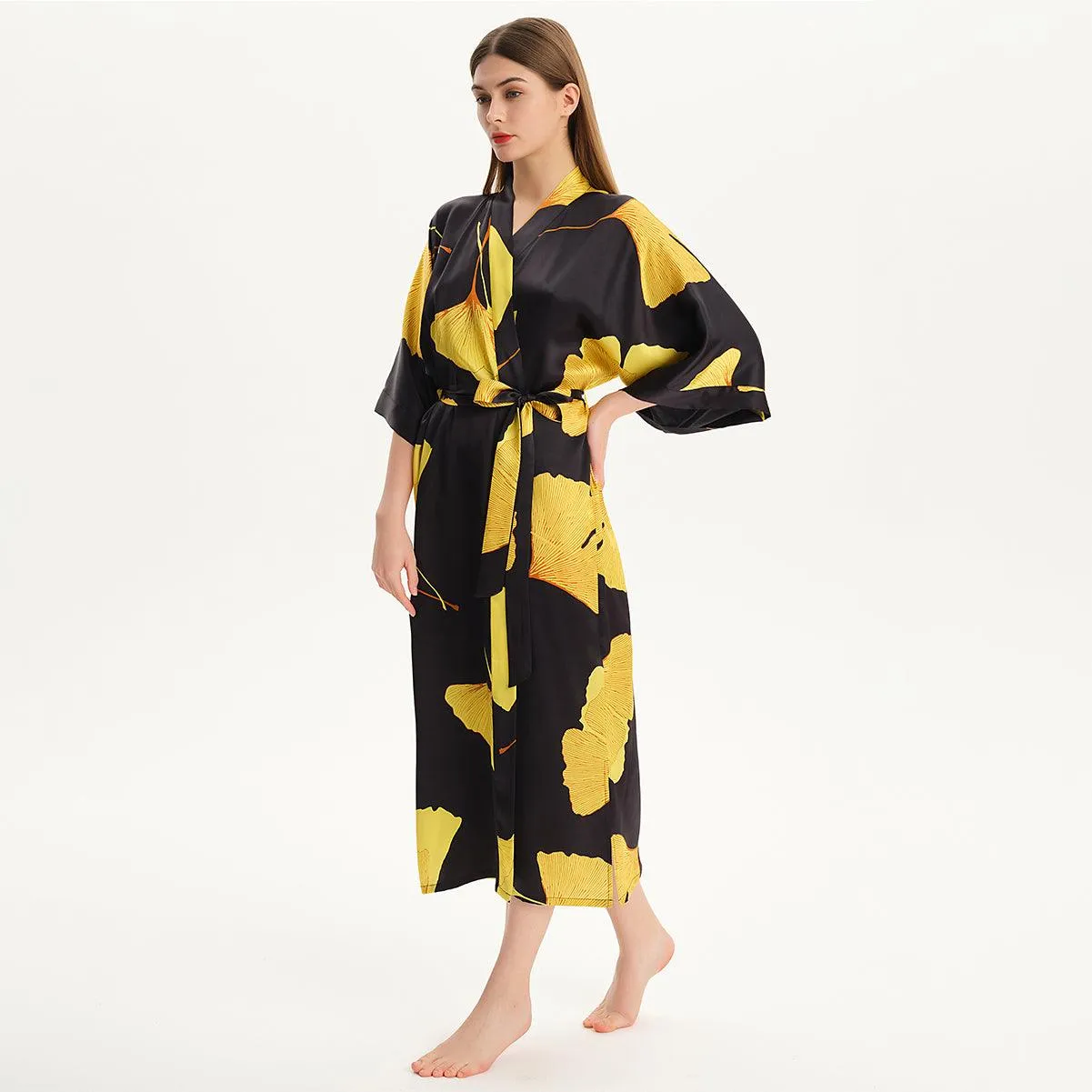 100% Mulberry Silk Kimono Robe Gold Ginkgo Leaf Silk Robe Long Sleeves Bathrobe