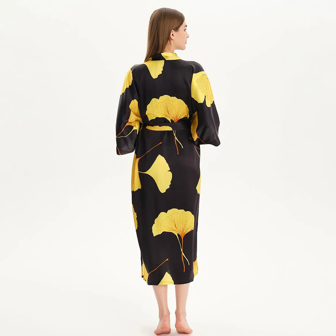 100% Mulberry Silk Kimono Robe Gold Ginkgo Leaf Silk Robe Long Sleeves Bathrobe