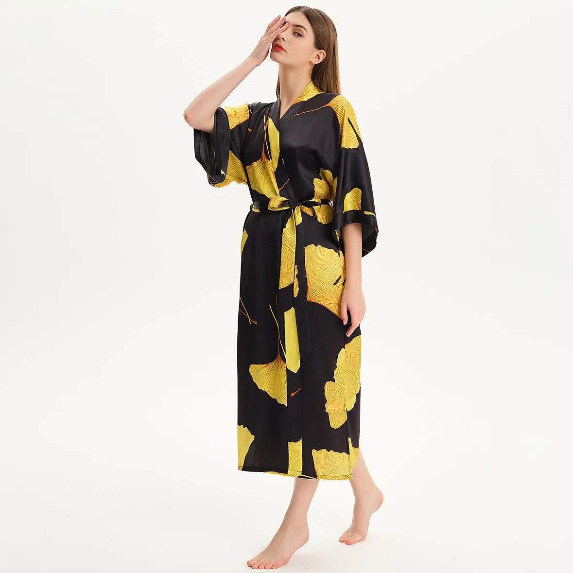 100% Mulberry Silk Kimono Robe Gold Ginkgo Leaf Silk Robe Long Sleeves Bathrobe