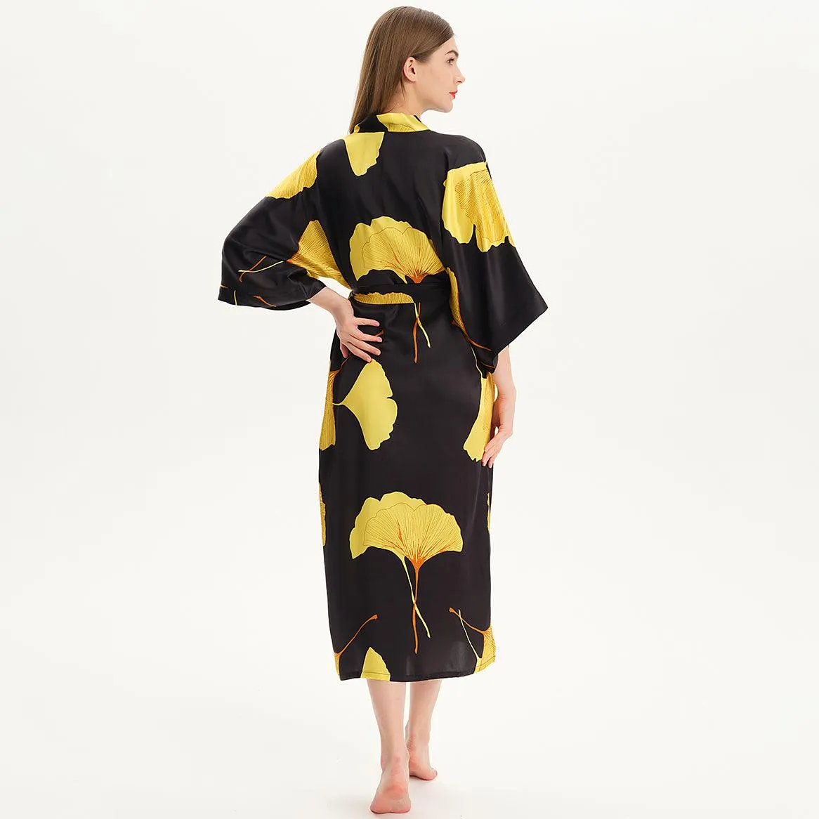 100% Mulberry Silk Kimono Robe Gold Ginkgo Leaf Silk Robe Long Sleeves Bathrobe
