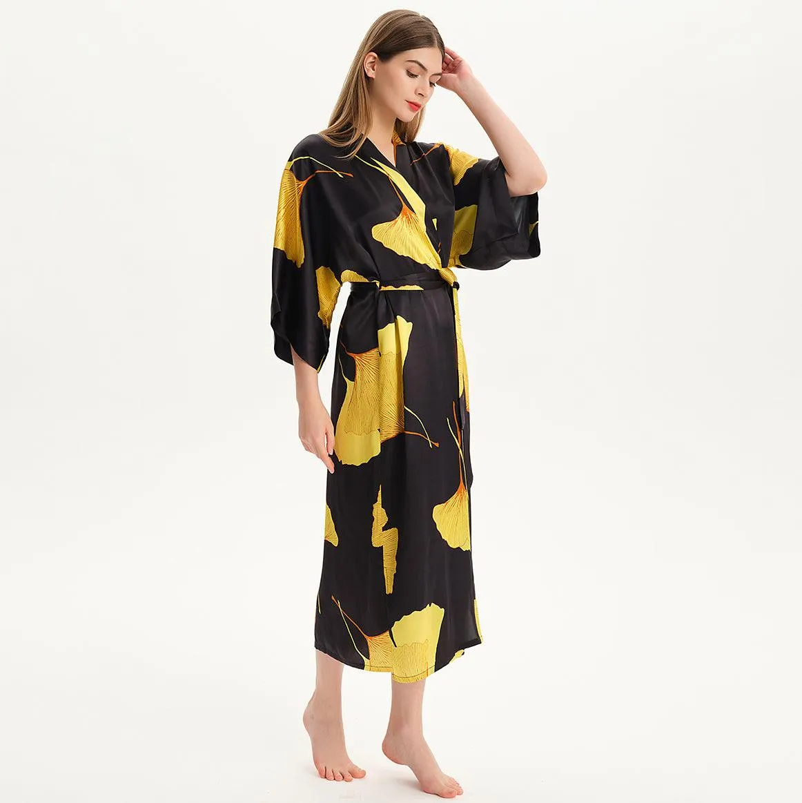 100% Mulberry Silk Kimono Robe Gold Ginkgo Leaf Silk Robe Long Sleeves Bathrobe