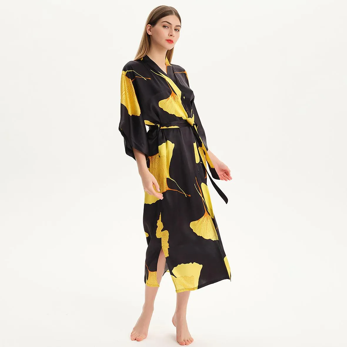 100% Mulberry Silk Kimono Robe Gold Ginkgo Leaf Silk Robe Long Sleeves Bathrobe