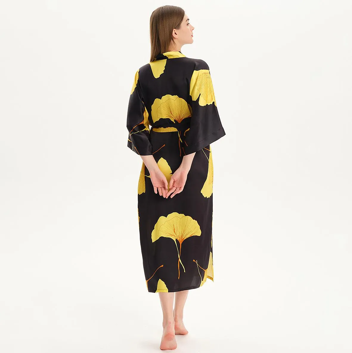 100% Mulberry Silk Kimono Robe Gold Ginkgo Leaf Silk Robe Long Sleeves Bathrobe