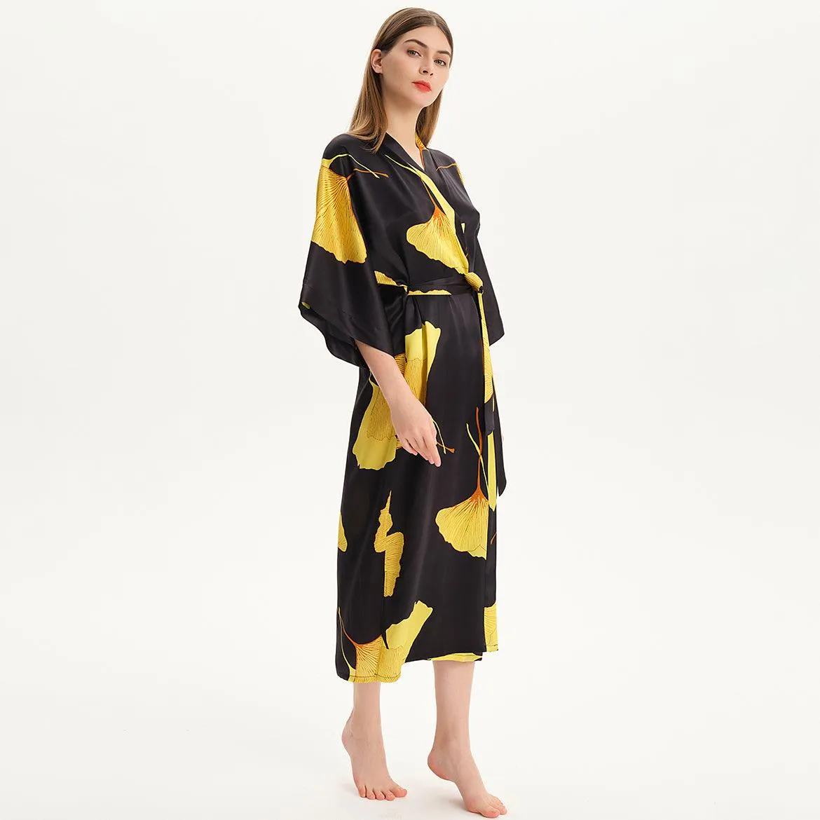 100% Mulberry Silk Kimono Robe Gold Ginkgo Leaf Silk Robe Long Sleeves Bathrobe