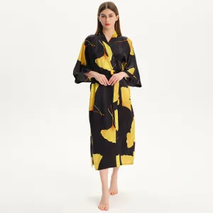 100% Mulberry Silk Kimono Robe Gold Ginkgo Leaf Silk Robe Long Sleeves Bathrobe