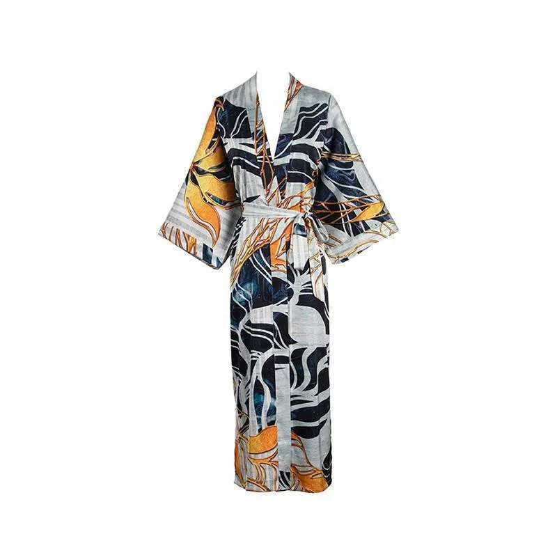 100% Mulberry Silk Kimono Robe Grey Elegant Long Silk Robe