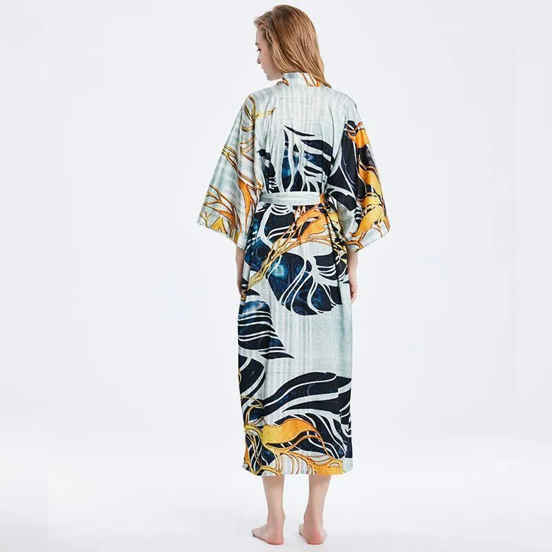 100% Mulberry Silk Kimono Robe Grey Elegant Long Silk Robe