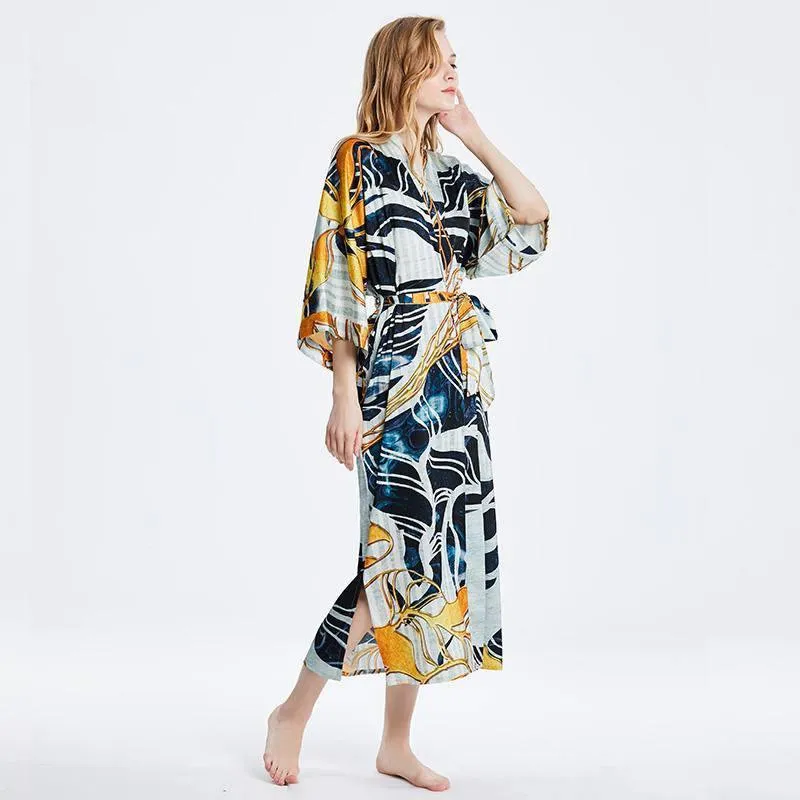 100% Mulberry Silk Kimono Robe Grey Elegant Long Silk Robe