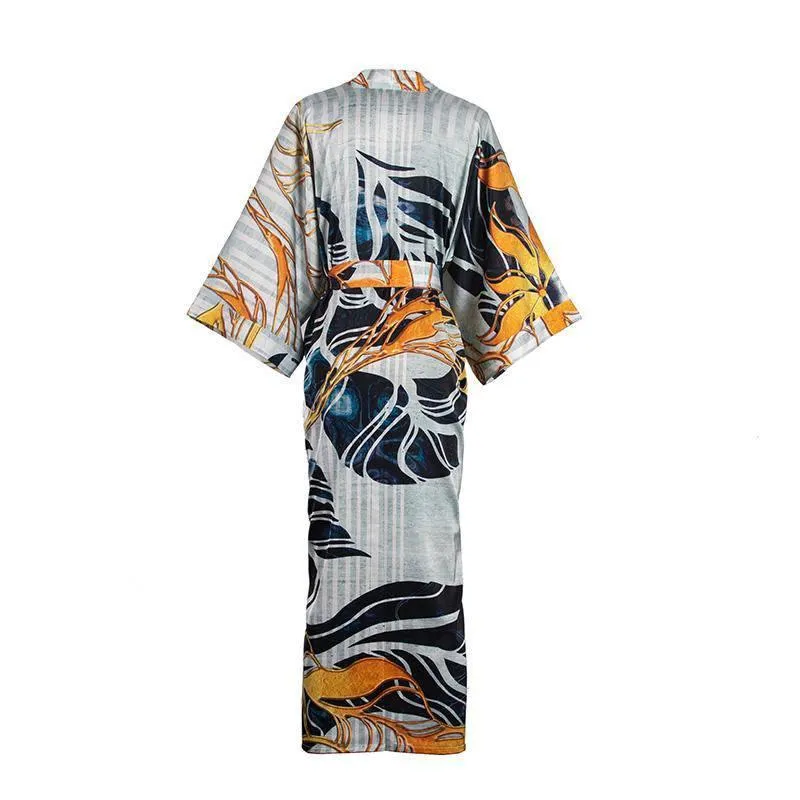 100% Mulberry Silk Kimono Robe Grey Elegant Long Silk Robe