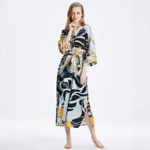 100% Mulberry Silk Kimono Robe Grey Elegant Long Silk Robe