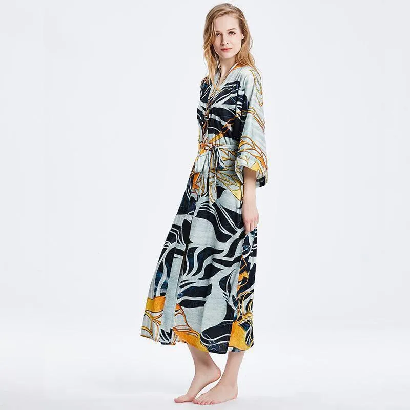 100% Mulberry Silk Kimono Robe Grey Elegant Long Silk Robe