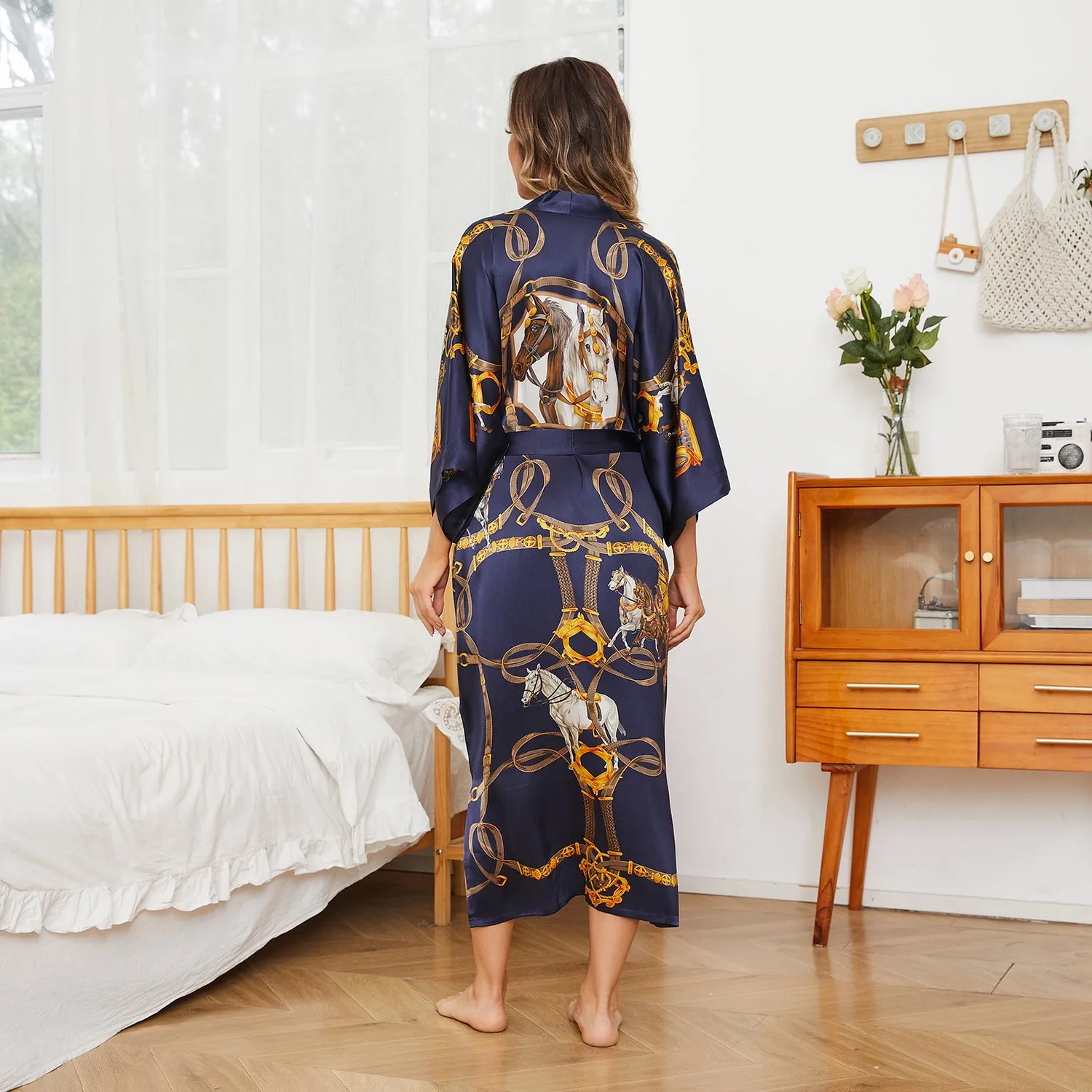 100% Mulberry Womens Silk Kimono Robe Horse Long Silk Robe