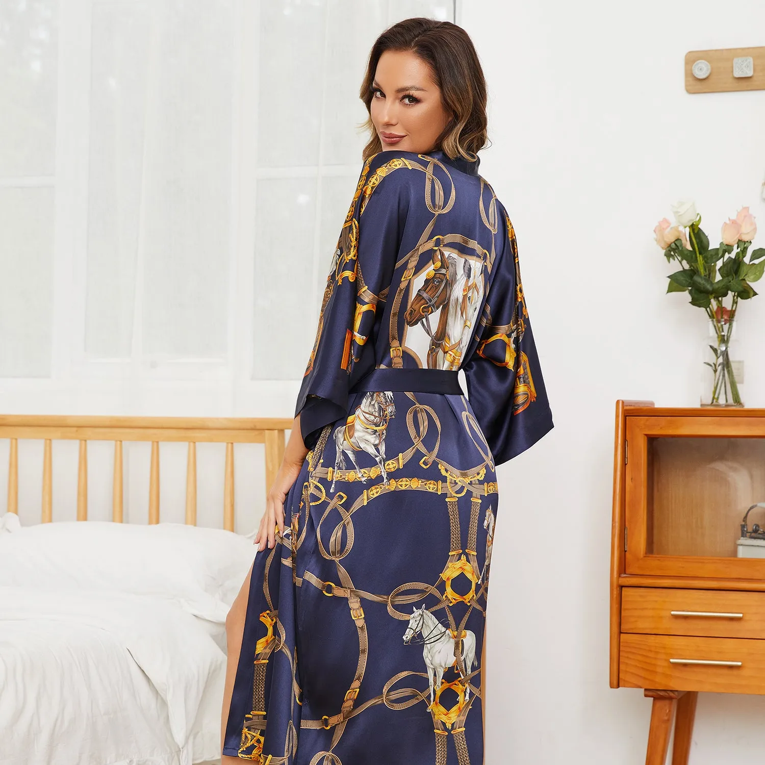 100% Mulberry Womens Silk Kimono Robe Horse Long Silk Robe