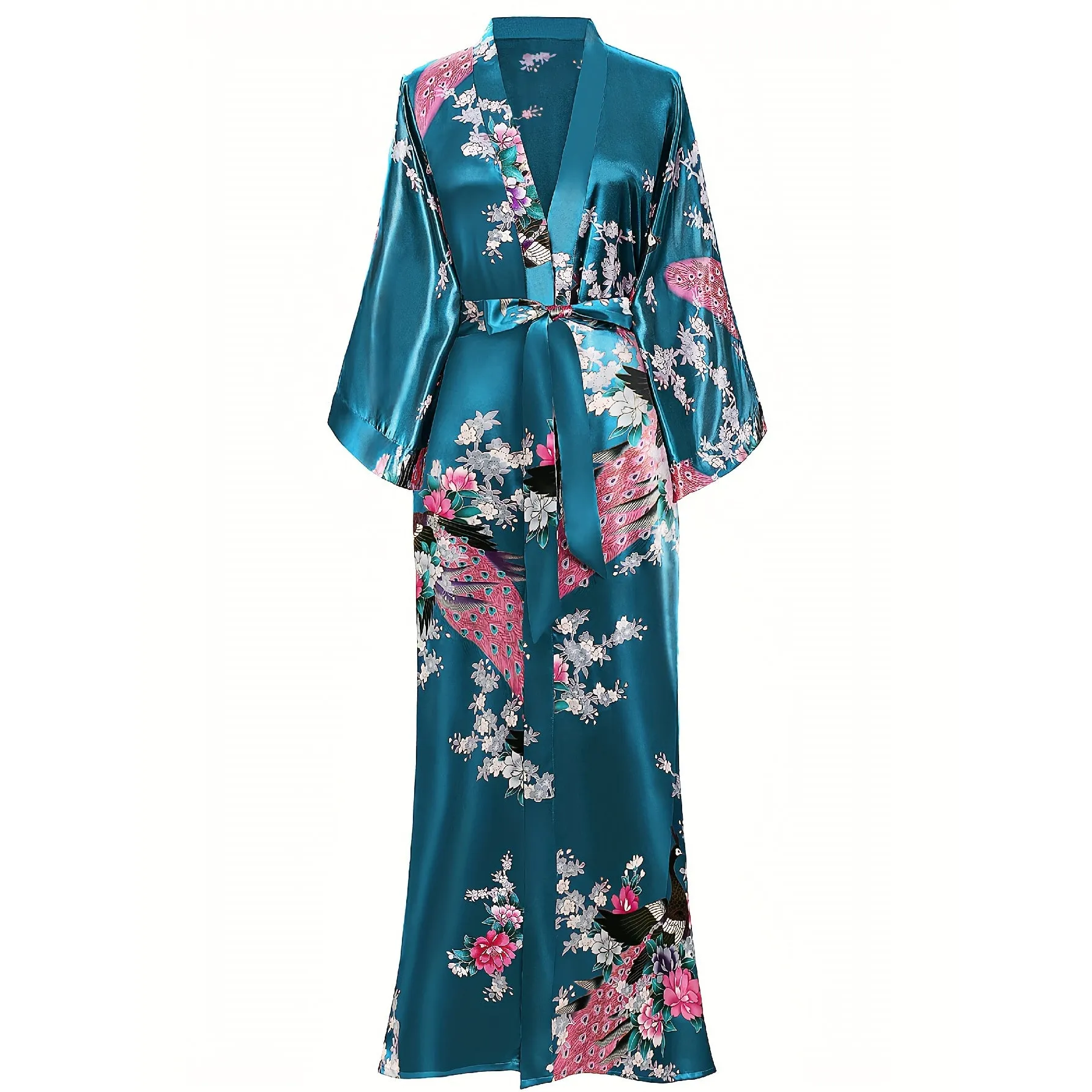 100% Mulberry Womens Silk Kimono Robe Peacock Long Silk Robe