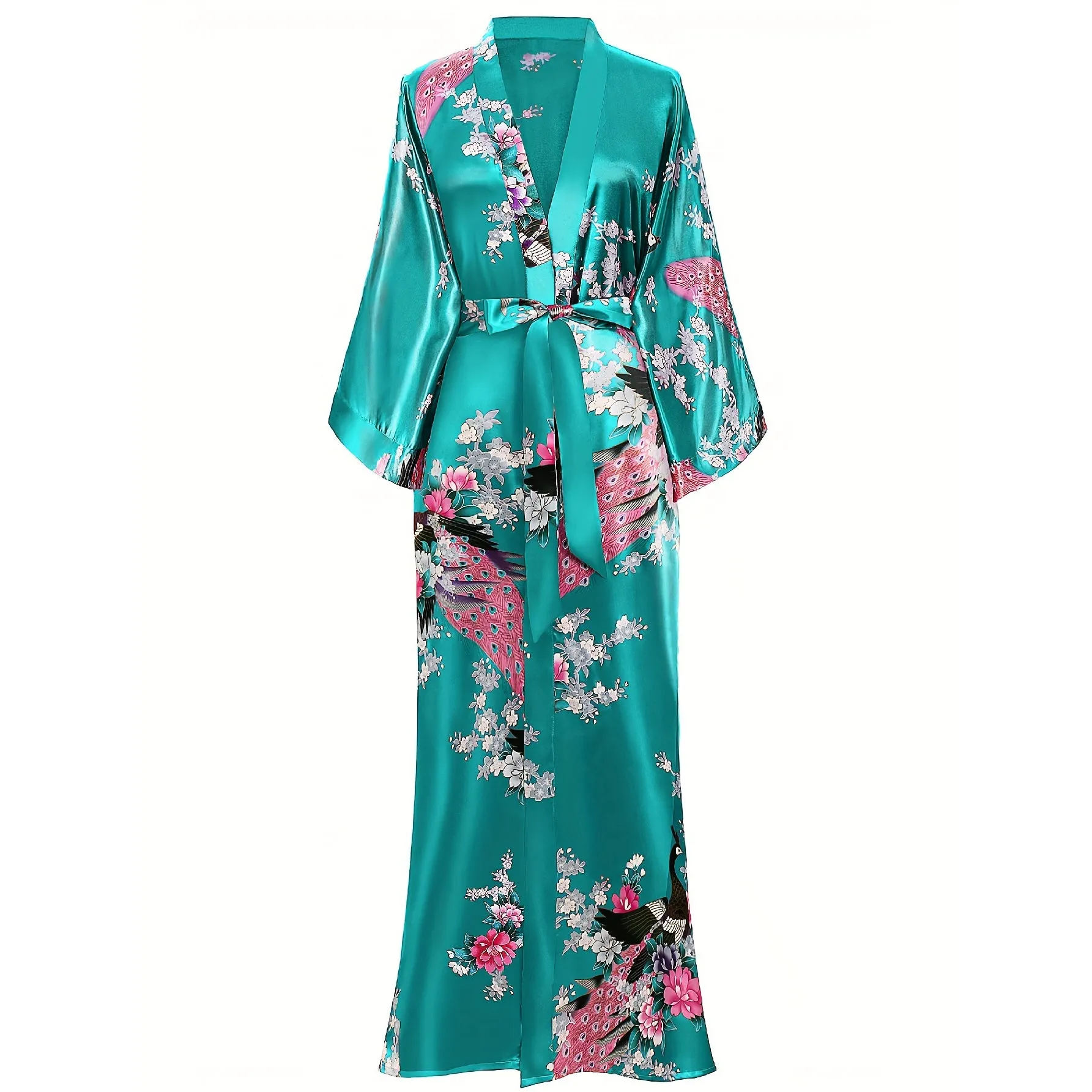 100% Mulberry Womens Silk Kimono Robe Peacock Long Silk Robe