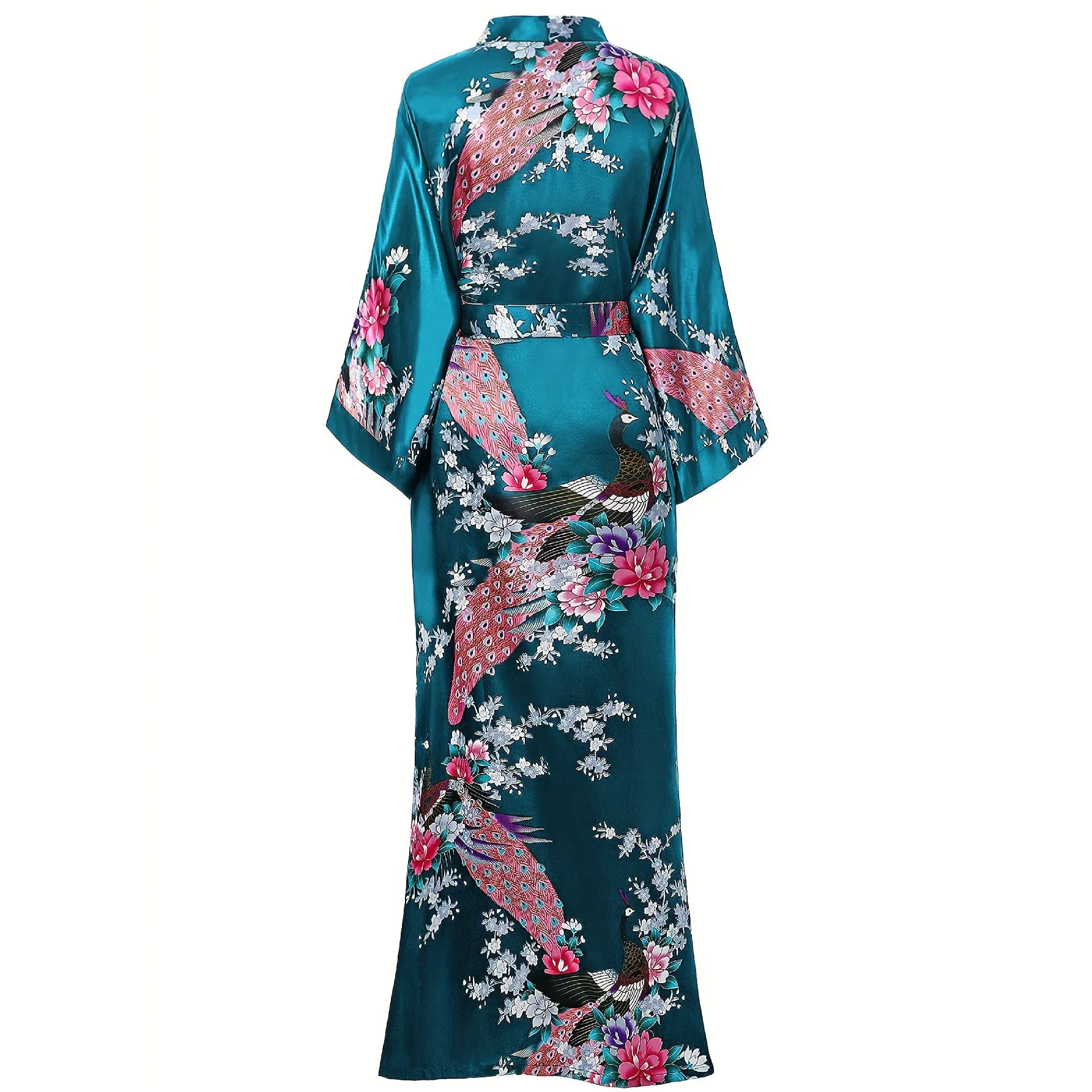 100% Mulberry Womens Silk Kimono Robe Peacock Long Silk Robe