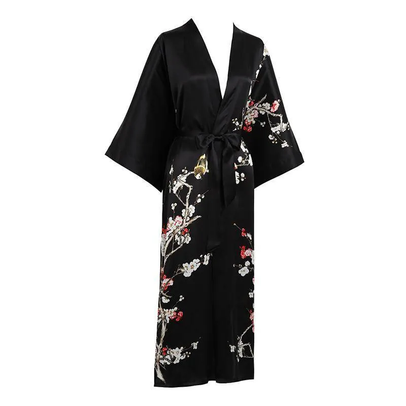 19 Momme Womens Silk Kimono Robe Long Sleeves Silk Printed kimono Robe Silk Sleepwear Bathrobe