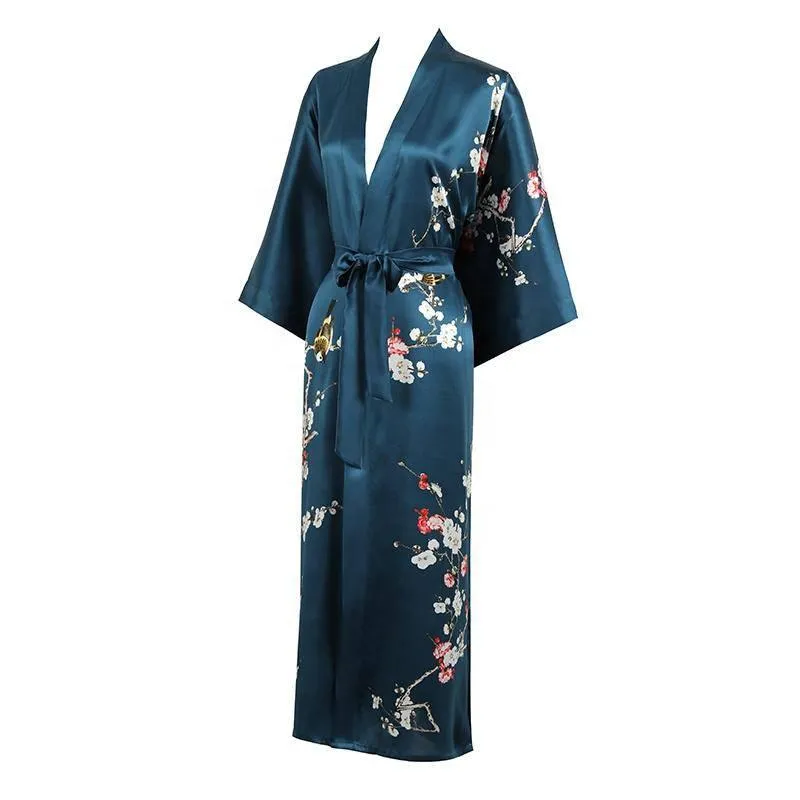 19 Momme Womens Silk Kimono Robe Long Sleeves Silk Printed kimono Robe Silk Sleepwear Bathrobe