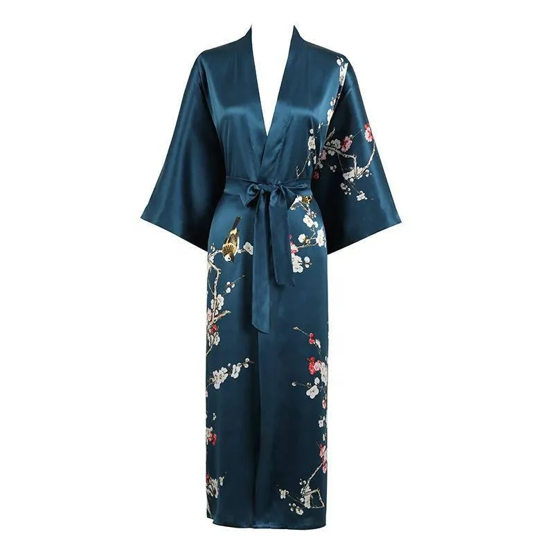 19 Momme Womens Silk Kimono Robe Long Sleeves Silk Printed kimono Robe Silk Sleepwear Bathrobe