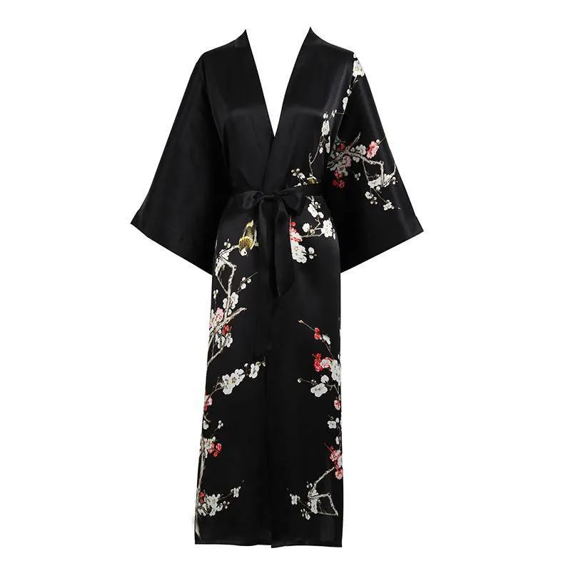 19 Momme Womens Silk Kimono Robe Long Sleeves Silk Printed kimono Robe Silk Sleepwear Bathrobe