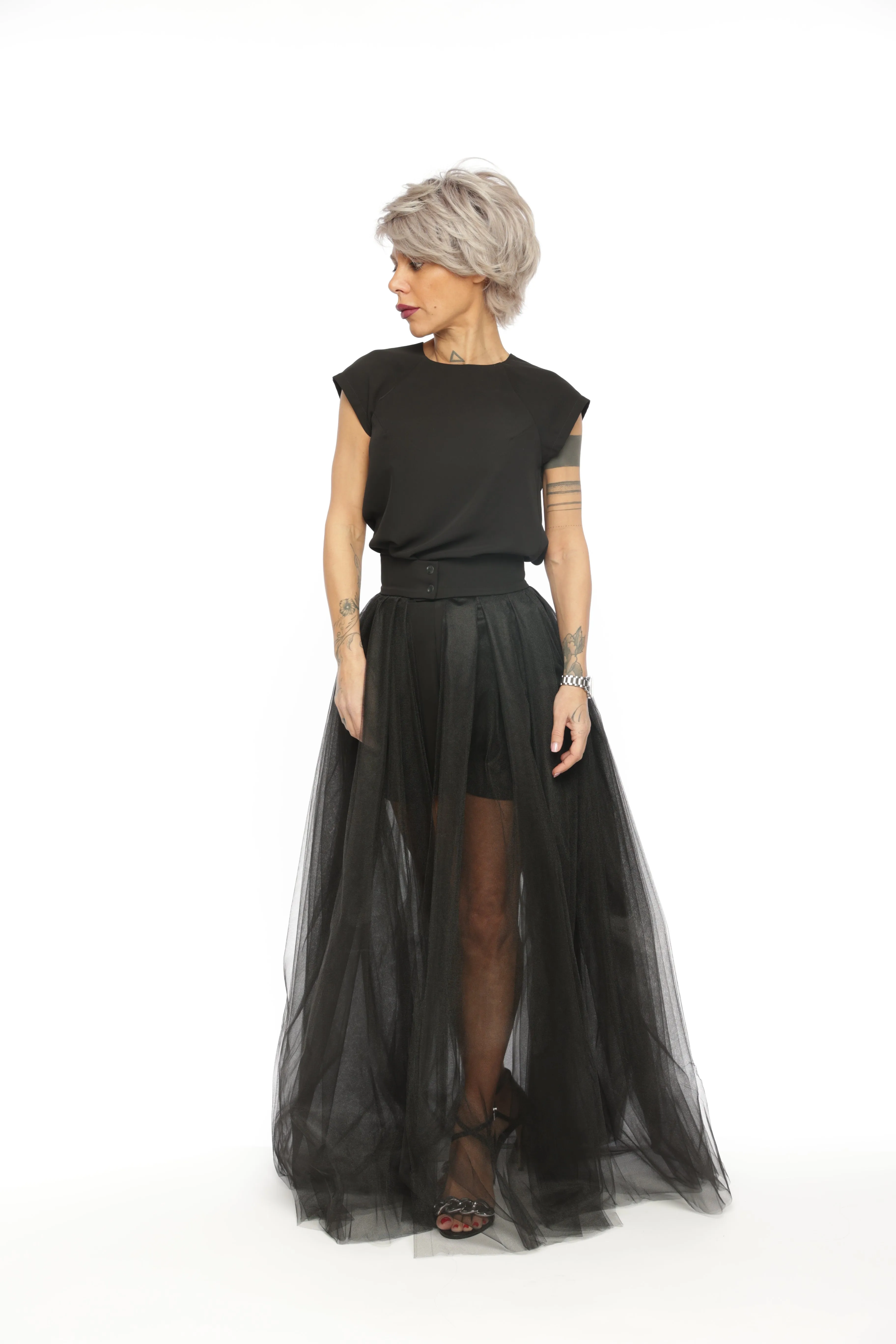 3-Piece Open-Back Top, High-Waisted Shorts and Tulle Skirt Co-Ord Set in Black