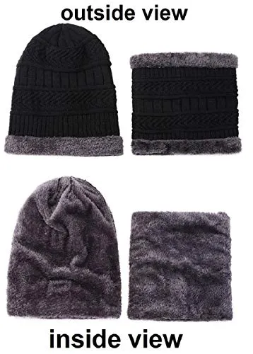 ABlue Clipper Unisex Woollen with Faux Fur Inner Side Beanie Cap and Neck Muffler Winter Combo Set (Black , Free Size )