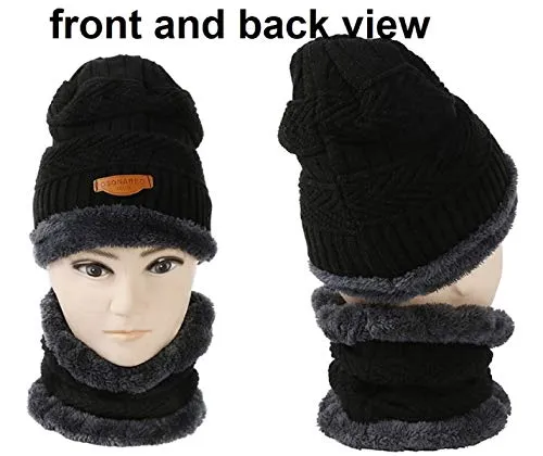 ABlue Clipper Unisex Woollen with Faux Fur Inner Side Beanie Cap and Neck Muffler Winter Combo Set (Black , Free Size )