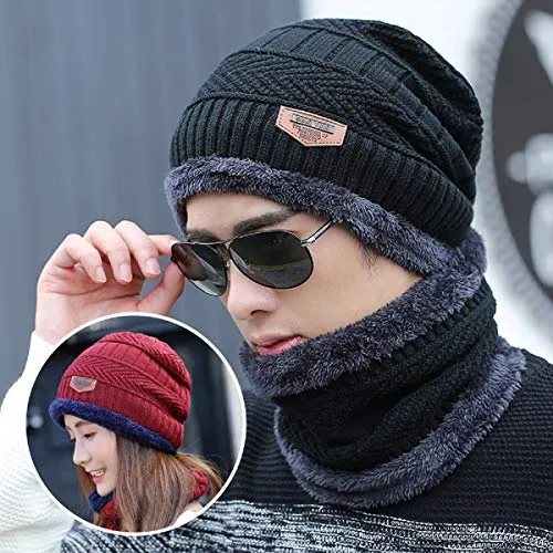ABlue Clipper Unisex Woollen with Faux Fur Inner Side Beanie Cap and Neck Muffler Winter Combo Set (Black , Free Size )