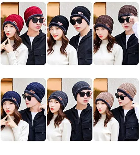 ABlue Clipper Unisex Woollen with Faux Fur Inner Side Beanie Cap and Neck Muffler Winter Combo Set (Black , Free Size )