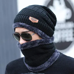 ABlue Clipper Unisex Woollen with Faux Fur Inner Side Beanie Cap and Neck Muffler Winter Combo Set (Black , Free Size )