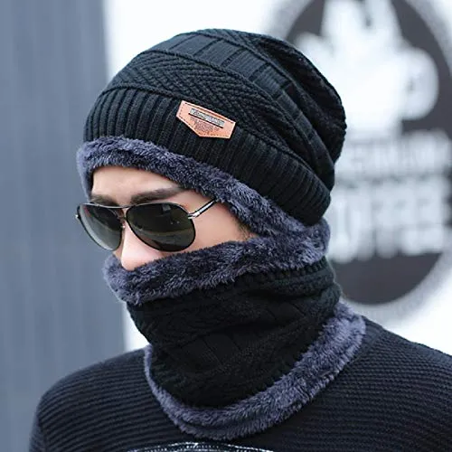 ABlue Clipper Unisex Woollen with Faux Fur Inner Side Beanie Cap and Neck Muffler Winter Combo Set (Black , Free Size )